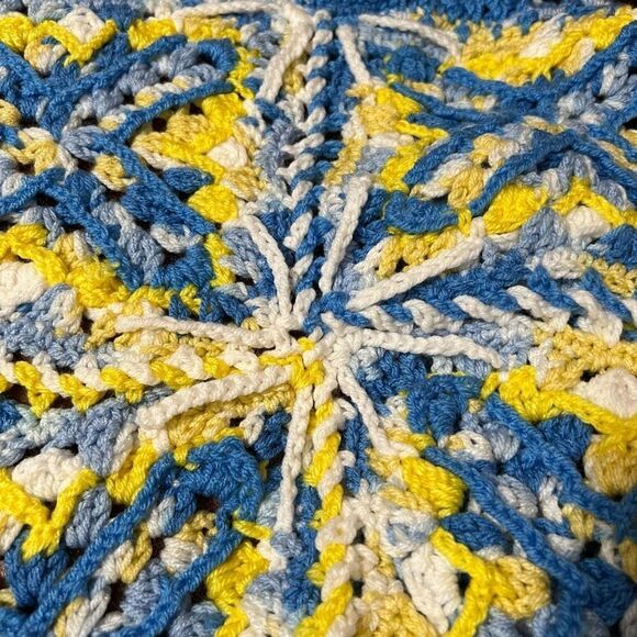 Handmade Crocheted Blanket Afghan Blue Yellow  White EUC Baby Shower Gift 💝 - Picture 9 of 11